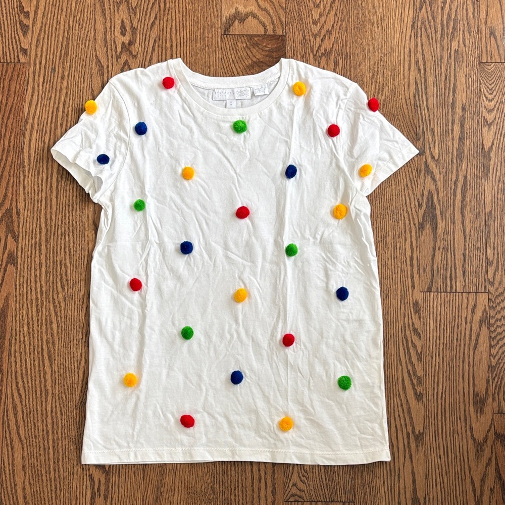 NWT White Short Sleeve Tee with Colorful Pom Poms